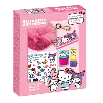 Hello Kitty ajándékcsomag (1db körömlakk, 1db szájfény, 1db pompom kulcstrató, 1db tetoválás szett)