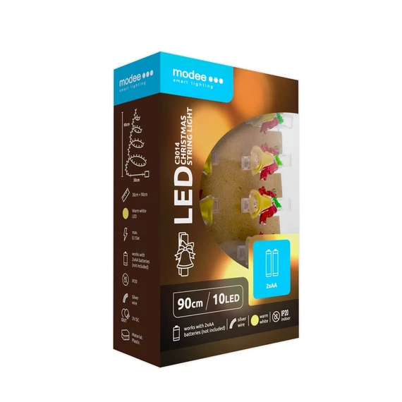 Modee Karácsonyi LED Füzér Dekor Elemes+Csipesz C3014 (10LED/90cm/10cm) Warm-Csengő 