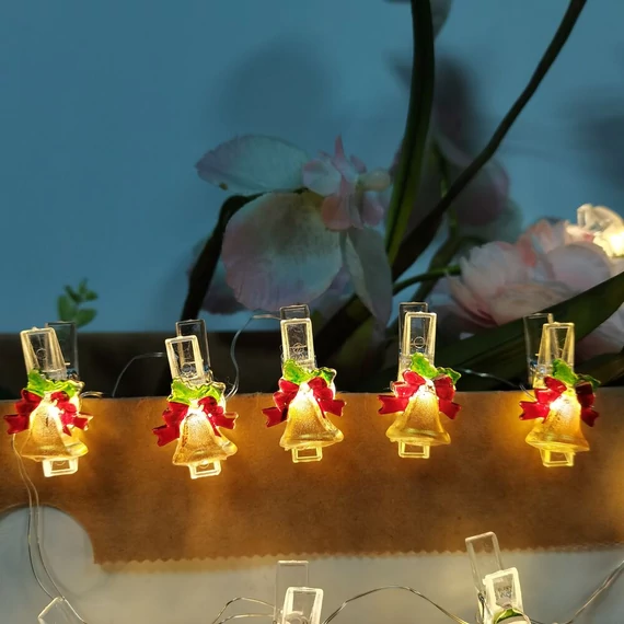 Modee Karácsonyi LED Füzér Dekor Elemes+Csipesz C3014 (10LED/90cm/10cm) Warm-Csengő 