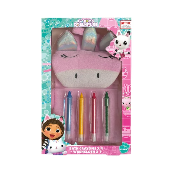 Gabby's Dollhouse fürdőkréta csomag 4db-os + Rózsaszín mosdókesztyű 