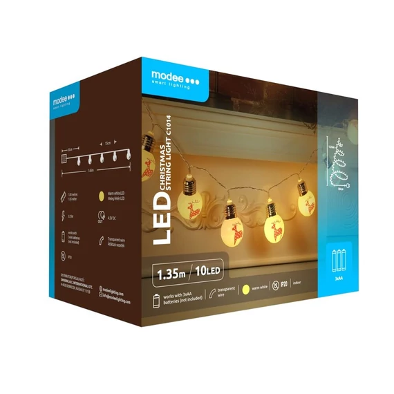 Modee Karácsonyi LED Füzér Plastic Elemes (10LED/1,35m/15cm) C1014-Rénszarvas Gömb Warm