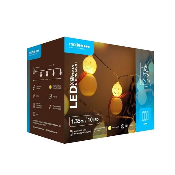 Modee Karácsonyi LED Füzér Plastic Elemes (10LED/1,35m/15cm) C1015-Hóember Warm